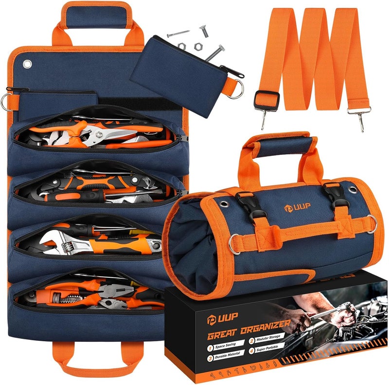 UUP Tool Bag Roll Up, Heavy Duty Rolled Empty Tool Storage Organization, Portable Foldable Rollup Organizer with 2 Small Pouches, Rollable Carrying Toolbag, Dad Men Mechanic Birthday Gift, Blue Orange - Image 1